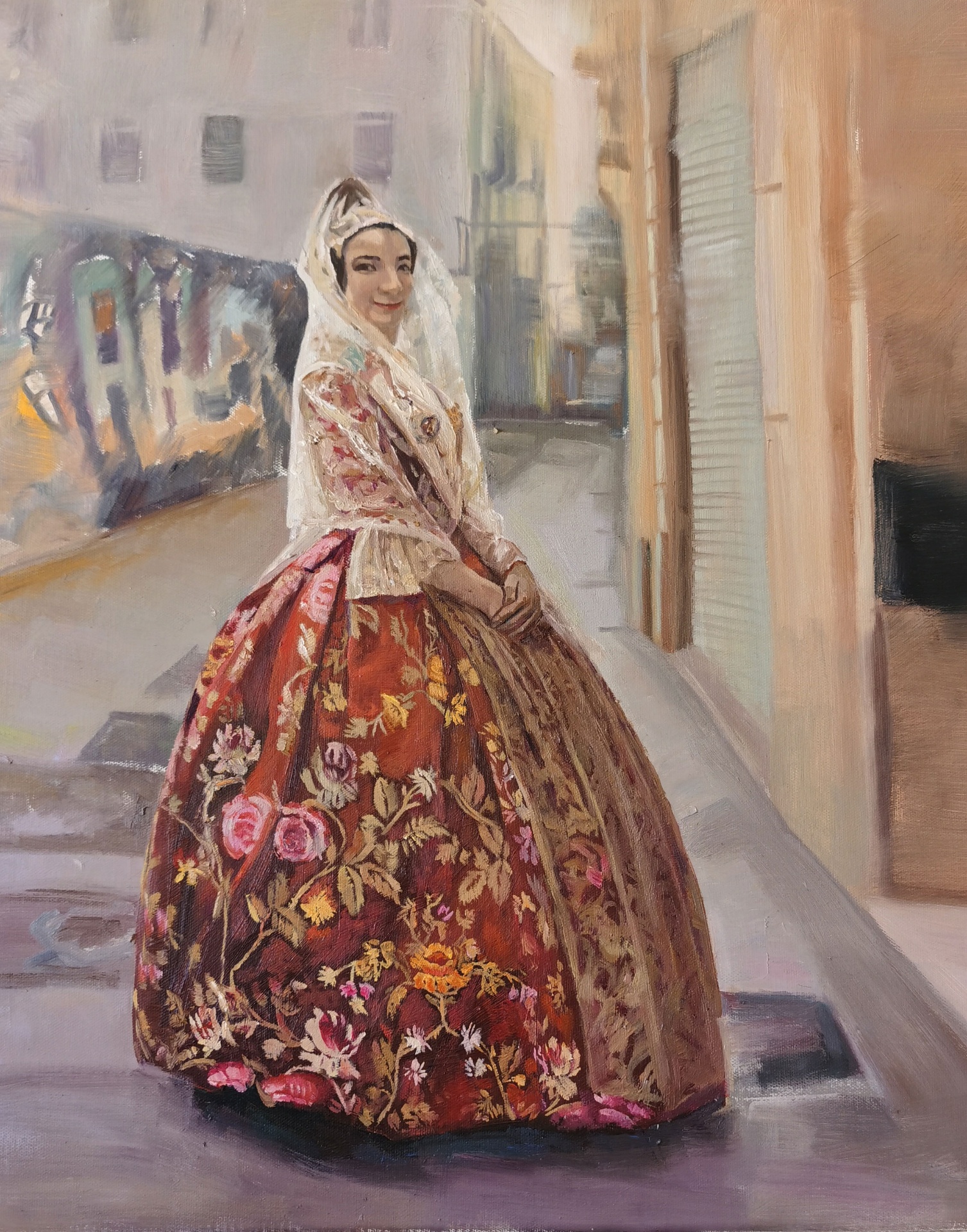 Las Fallas - A Woman in Festive Dress, 61 × 50 cm, 2023
